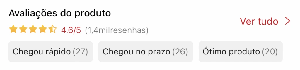 Avaliações do produto 4.6/5 com 1,4 mil avaliações