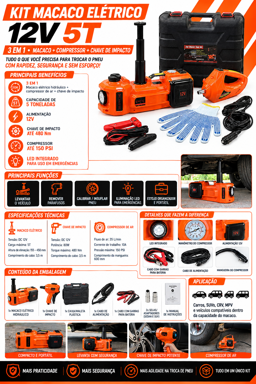 Características do Kit Macaco Elétrico Hidráulico 5T 4 em 1 + Compressor de Ar + Chave de Impacto + Cabo de Alimentação